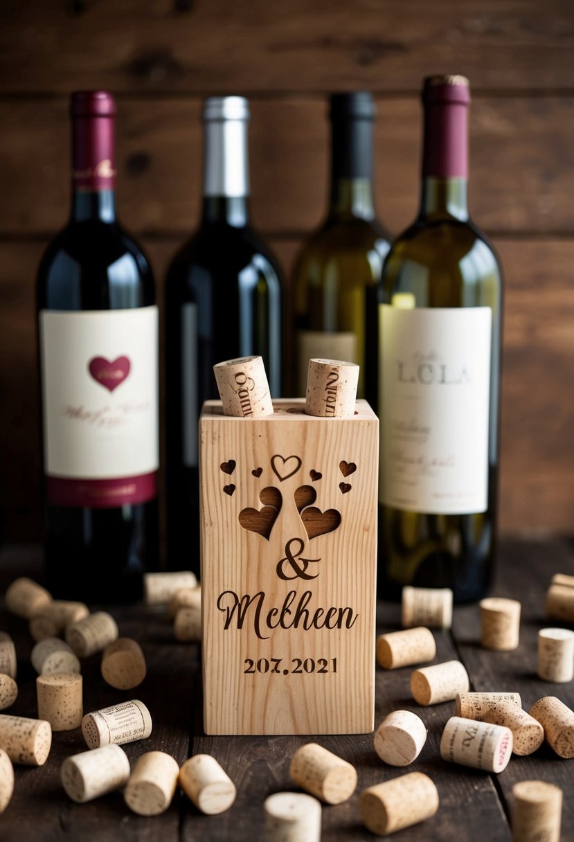 A rustic wooden wine cork holder with the couple's names and wedding date engraved, surrounded by empty wine bottles and scattered corks