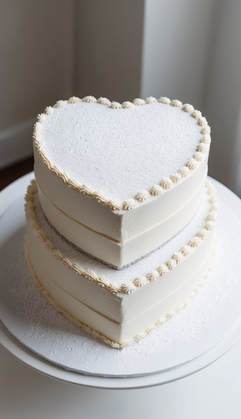A heart-shaped cake sits on a white table, dusted with powdered sugar for a simple and elegant finish