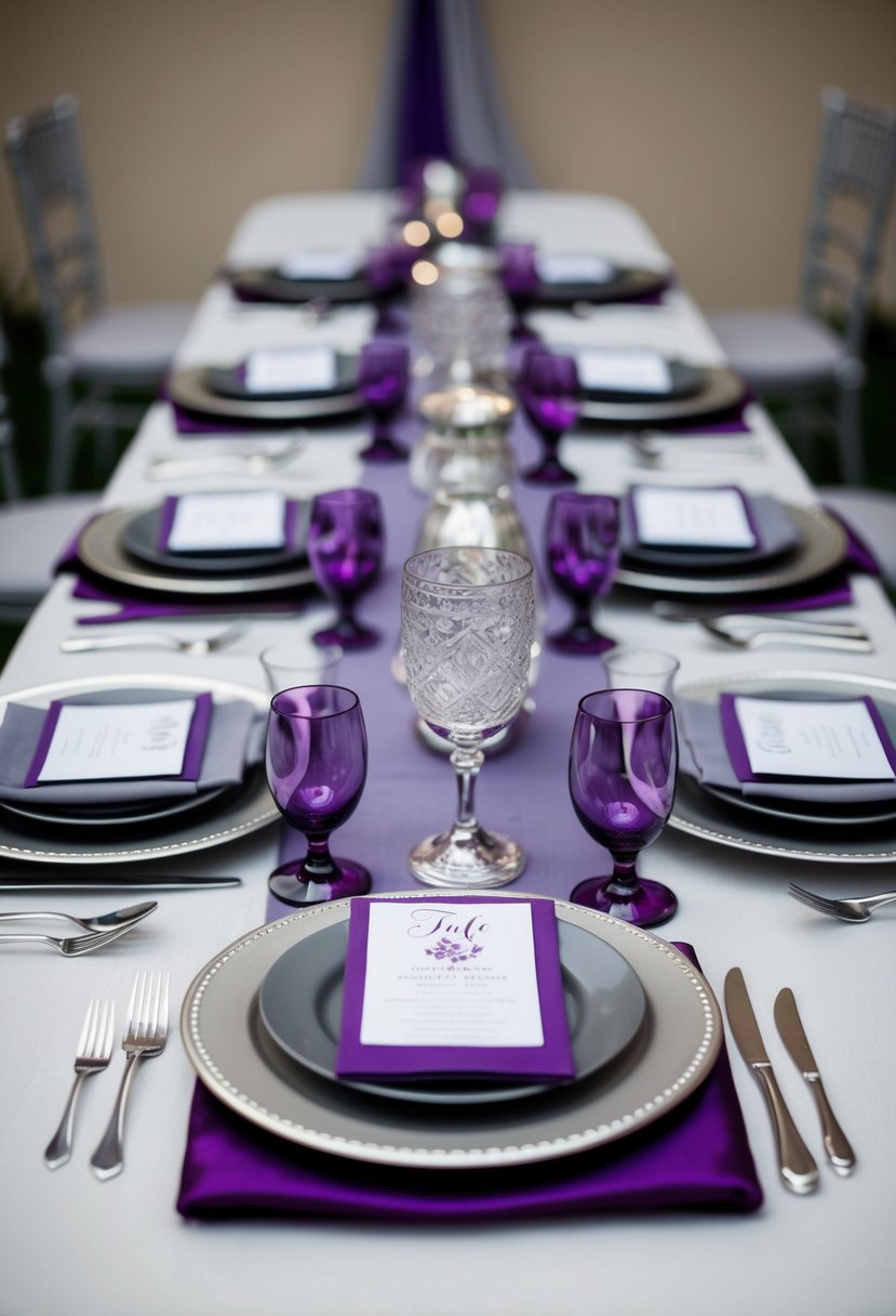 A table set with silver and gray tableware, adorned with purple and gray accents for a wedding