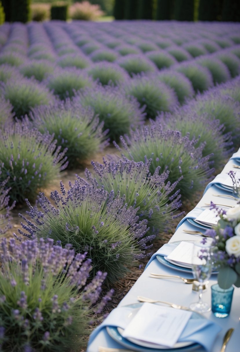 A serene garden with lavender fields and dusty blue accents in the form of ribbons, tablecloths, and floral arrangements