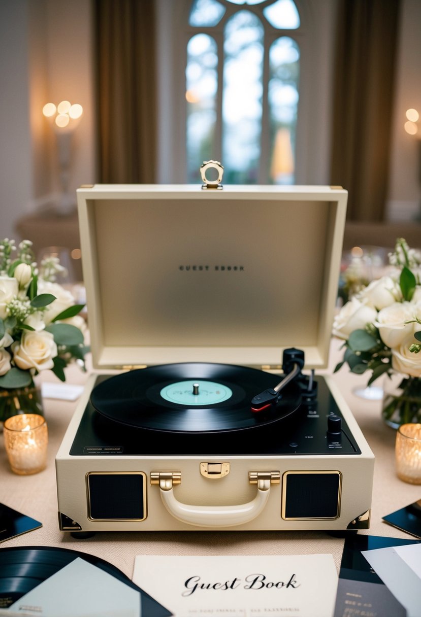 A vintage turntable with vinyl records arranged as a guest book, surrounded by elegant decor and soft lighting