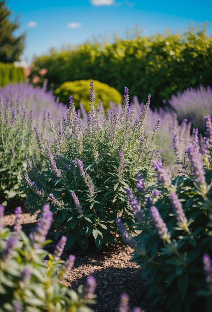 A garden filled with blooming lavender bushes surrounded by olive green foliage under a clear blue sky