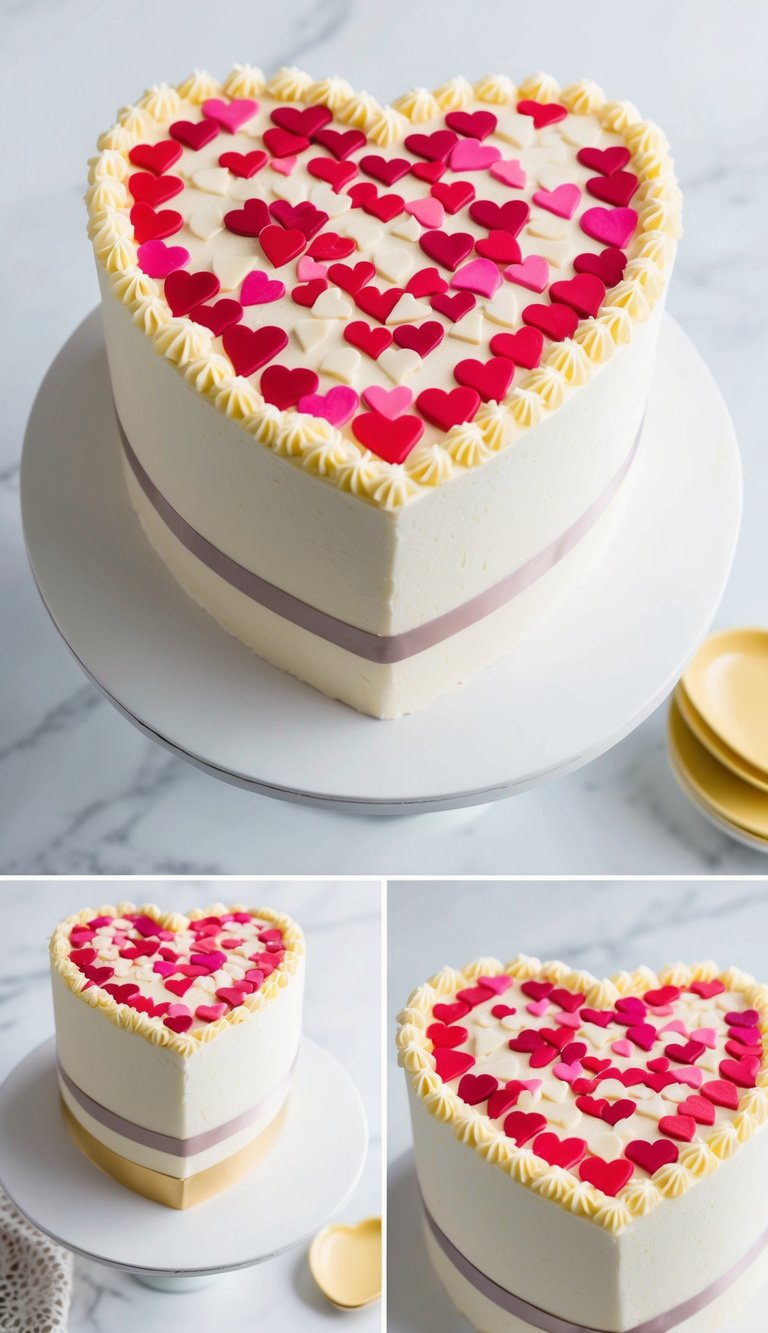 Small fondant heart-shaped pieces arranged in a mosaic pattern on a heart-shaped cake, creating a beautiful and creative design