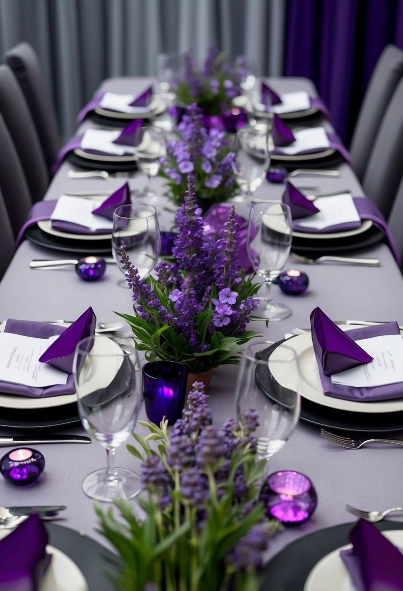 A table set with amethyst and lavender flowers, surrounded by gray and purple decor