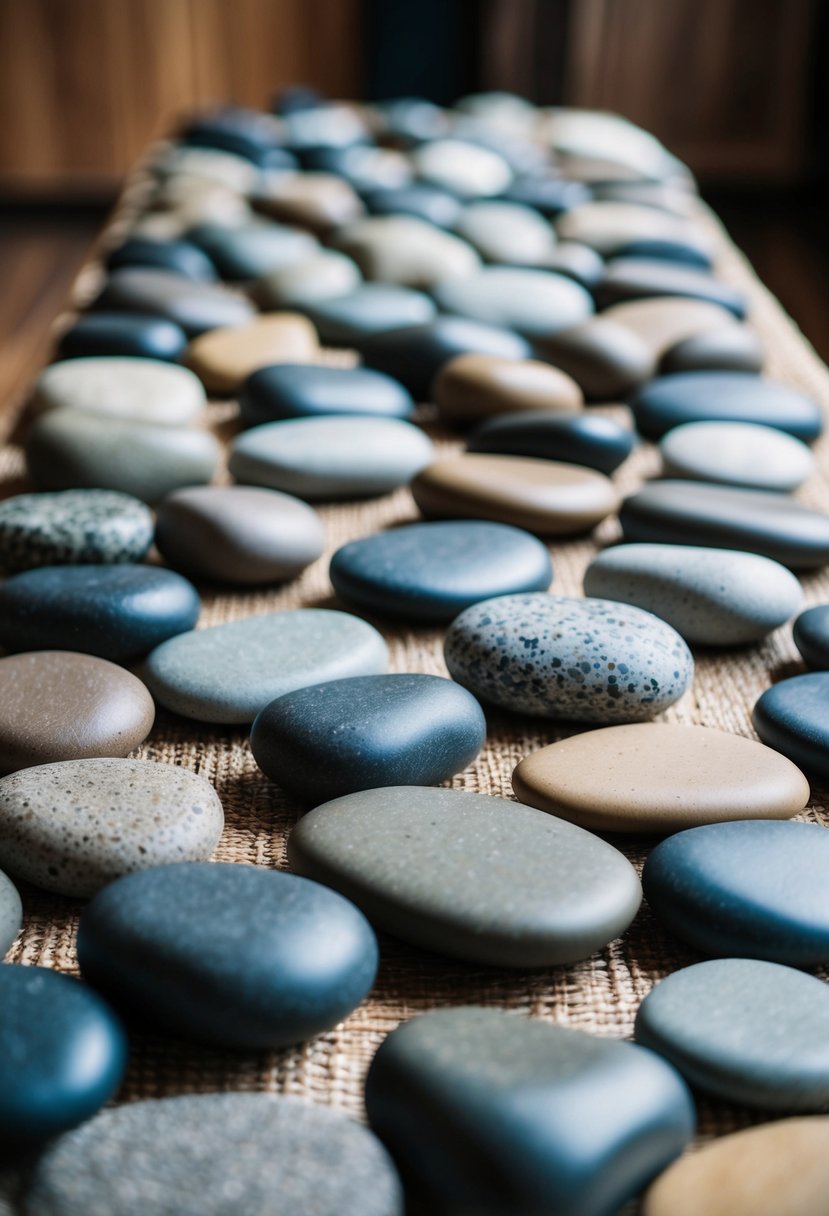 A table covered in smooth river rocks, each with a different color and texture, arranged in a decorative pattern