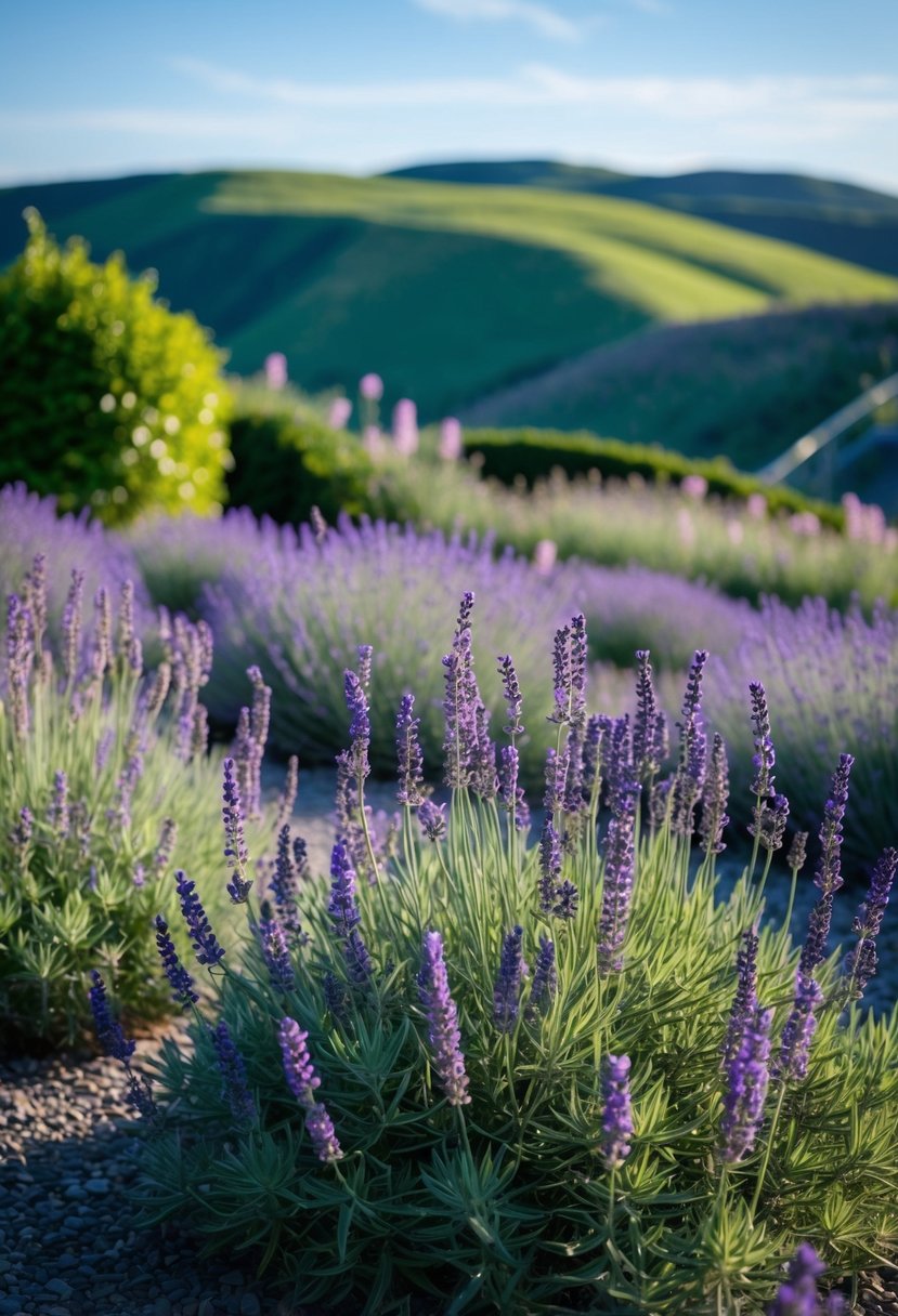 A serene garden with lavender flowers and teal accents, set against a backdrop of rolling hills and a clear blue sky