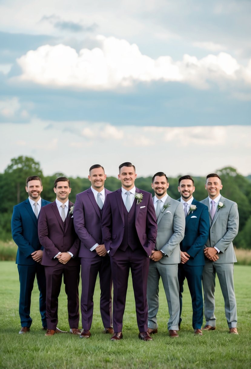 A group of groomsmen in varying shades of plum and gray attire, standing together in a stylish and coordinated fashion