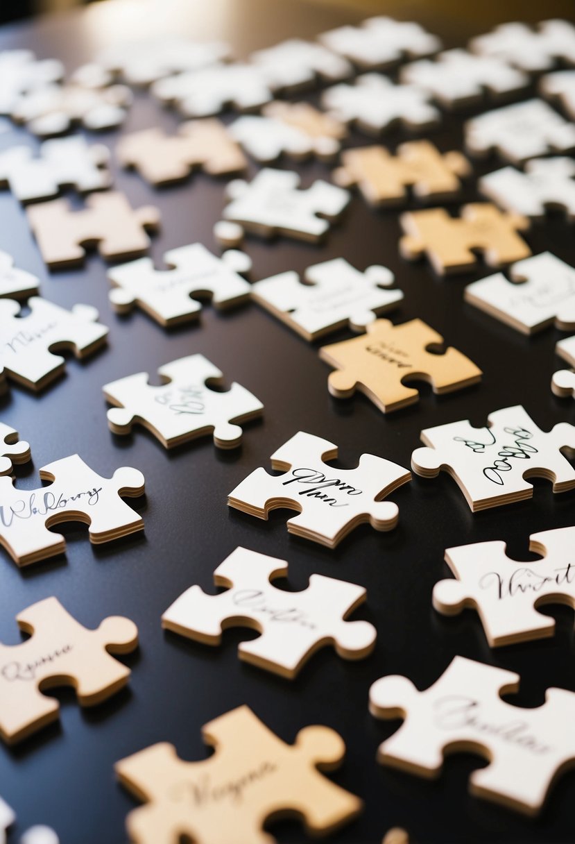 A table scattered with custom puzzle pieces, each with a unique design, awaits the wedding guests' signatures