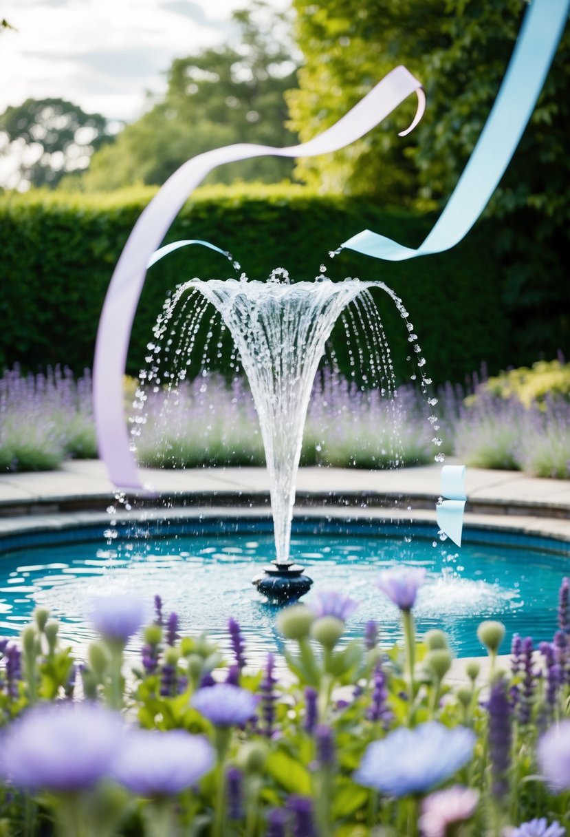 A serene garden with pastel blue and lavender flowers, a flowing fountain, and delicate ribbons fluttering in the breeze