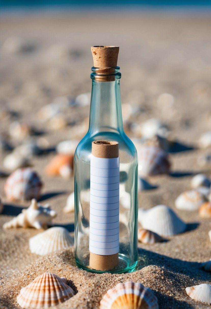 A glass bottle with a rolled-up message inside, surrounded by seashells and beach sand