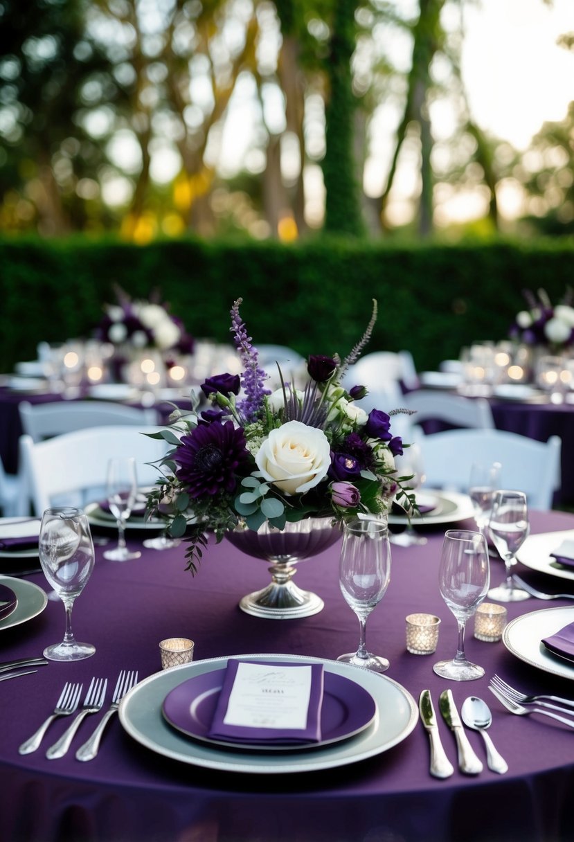 A dark purple and silver accented wedding table setting with elegant floral centerpieces and matching place settings