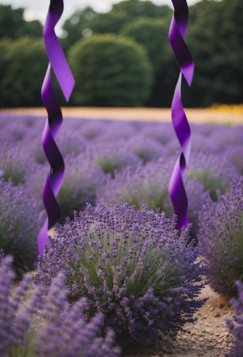 A lavender field with eggplant-colored accents in the form of ribbons, flowers, and decor