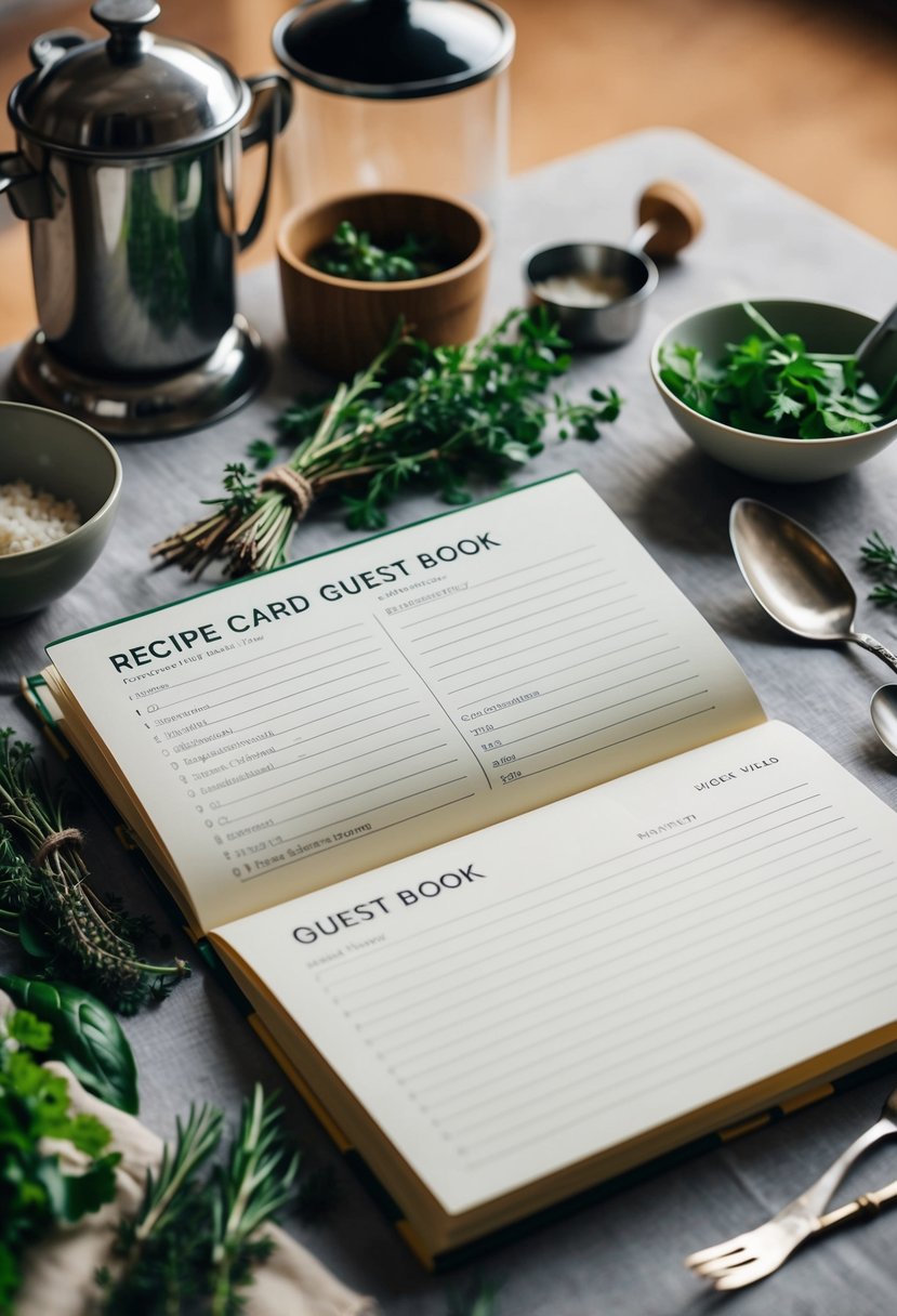 A recipe card guest book open on a table, surrounded by vintage cooking utensils and fresh herbs