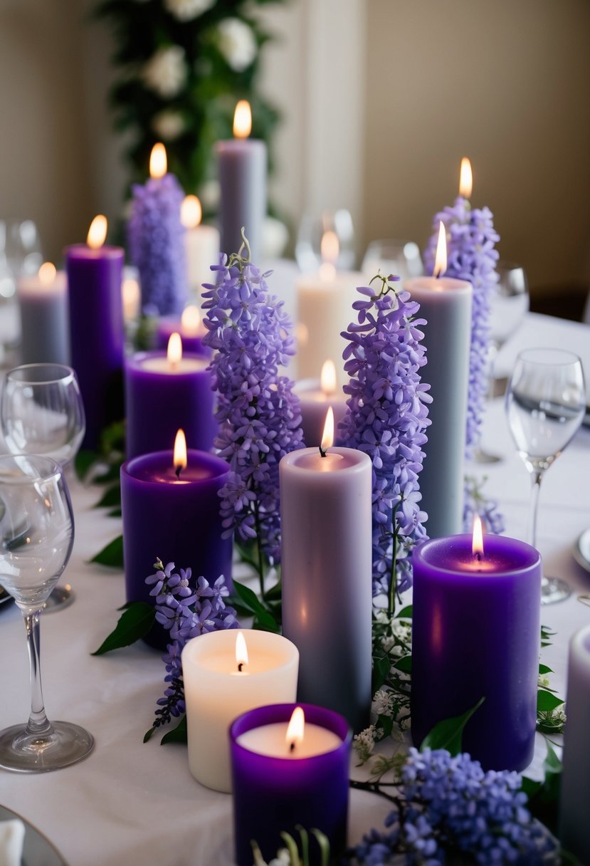 A table adorned with wisteria-colored candles in shades of purple and gray, casting a soft, romantic glow in a wedding setting