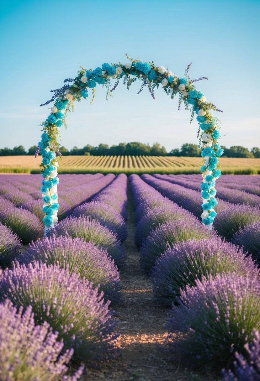 A lavender field under a clear turquoise sky, with lavender and turquoise flowers intertwined in a decorative wedding arch