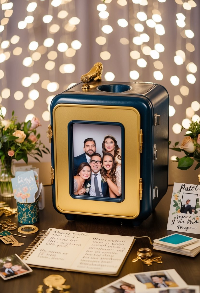 A vintage photo booth surrounded by props and a scrapbook for guests to take photos and leave messages