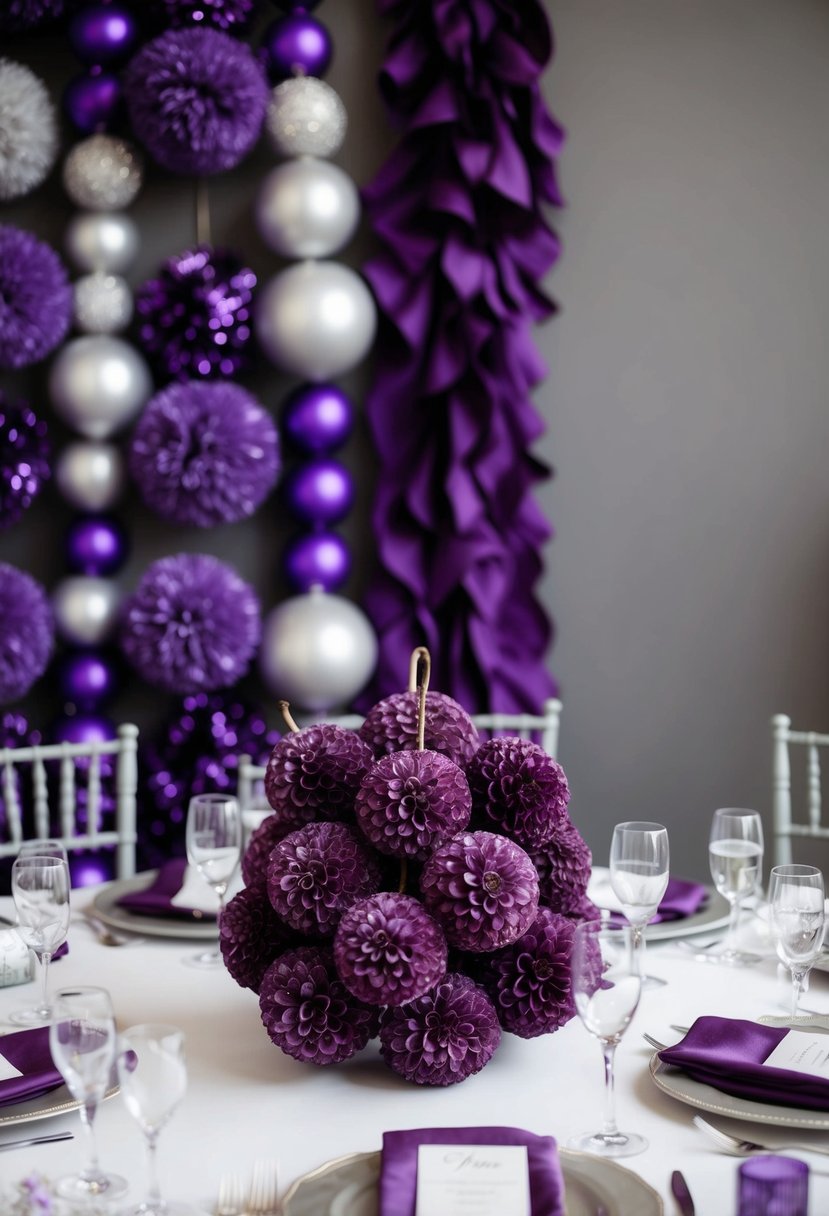 A table adorned with plum pomanders, set against a backdrop of purple and gray decor, creating a sophisticated and elegant ambiance for a wedding celebration