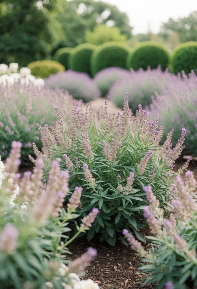 A garden filled with blooming lavender bushes in shades of blush and white, creating a serene and romantic wedding color palette