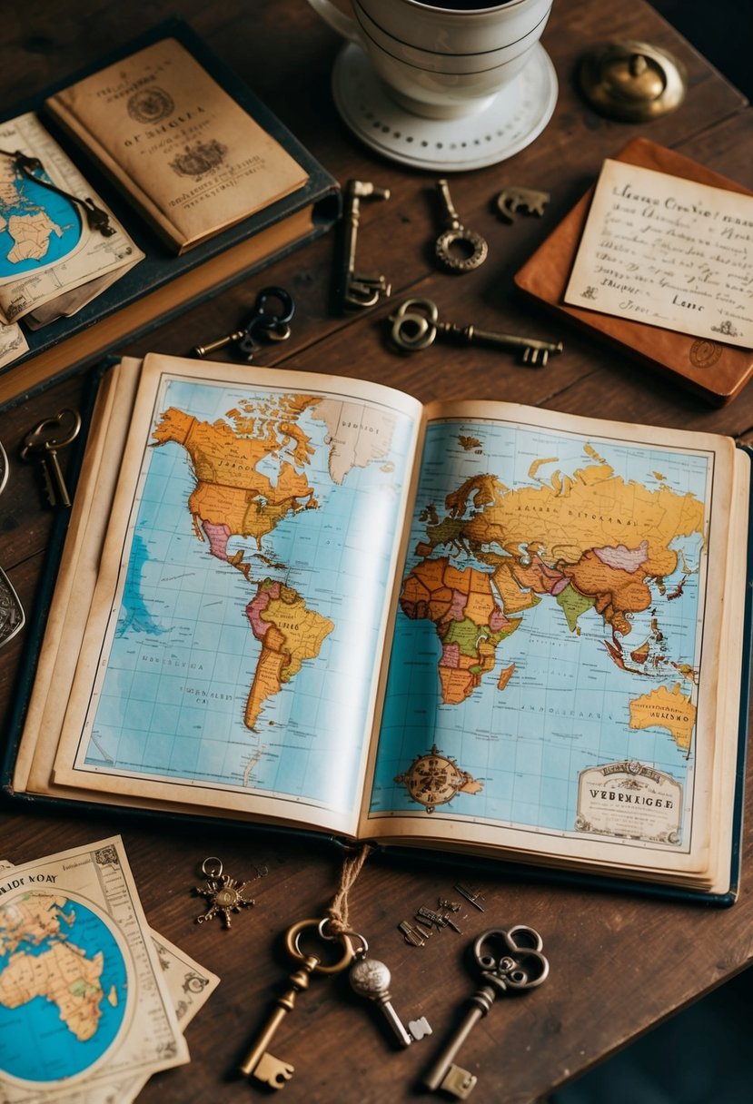 A vintage map spread open on a wooden table, surrounded by antique keys, travel souvenirs, and handwritten notes