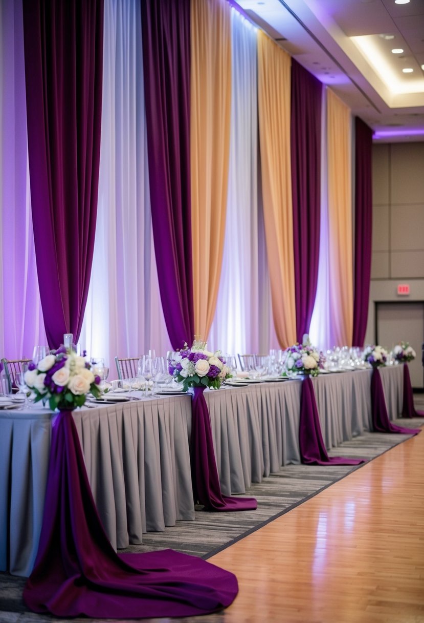 Mulberry and warm gray drapes cascading in a wedding reception hall, adorned with purple and gray decor