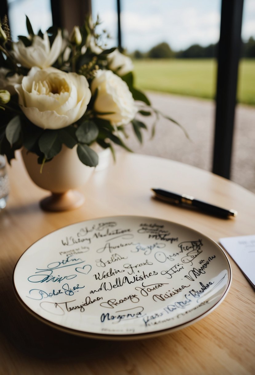 A ceramic plate with signatures and well-wishes from wedding guests, displayed on a table with a pen nearby