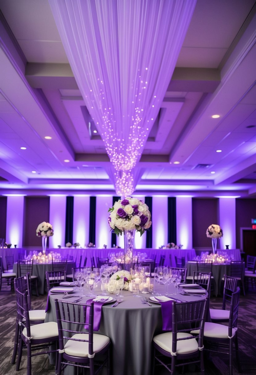 A wedding reception hall decorated with purple and gray accents, illuminated by soft lavender lighting effects