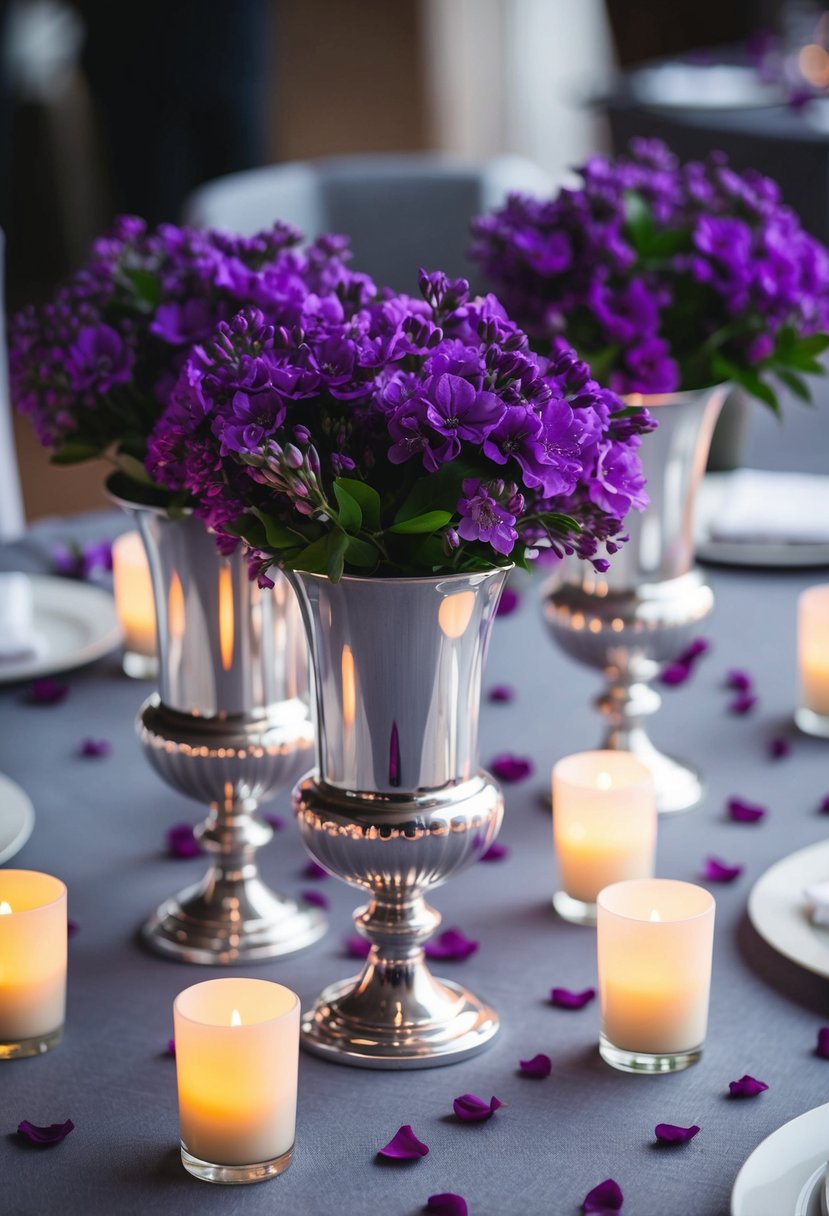 Silver vases filled with purple flowers sit on gray tablecloths, surrounded by flickering candles and scattered purple petals