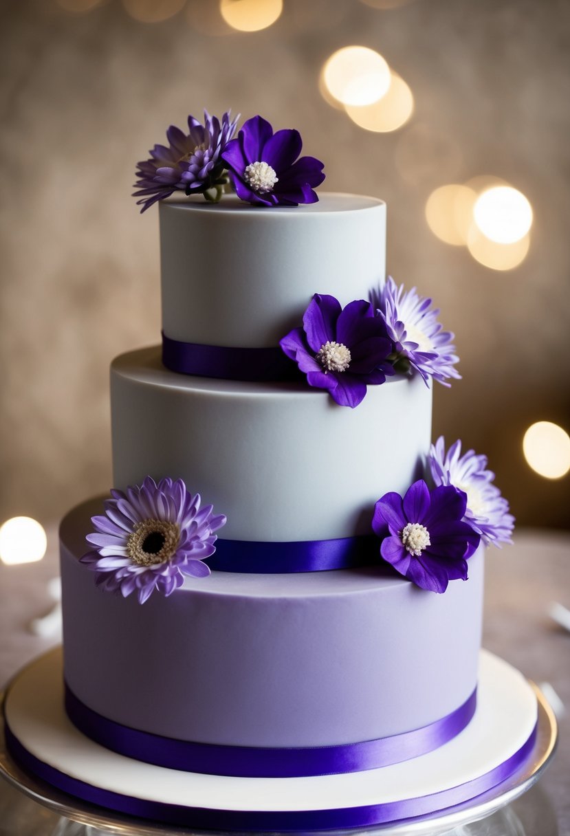 A three-tiered cake with alternating layers of gray and purple, adorned with matching flowers and ribbons