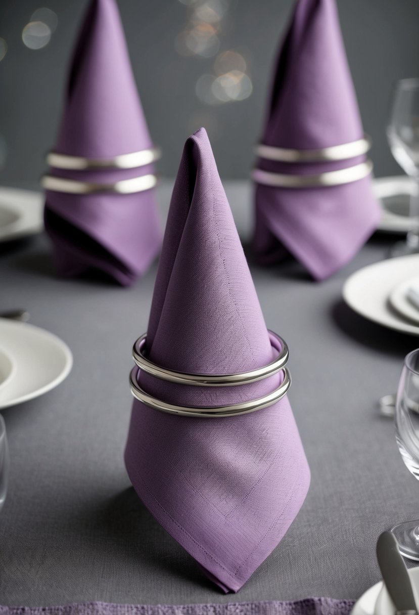 Lilac napkins folded neatly with silver rings on a gray table setting