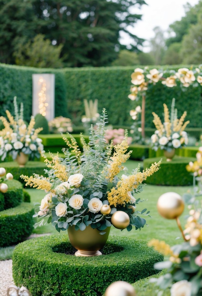 A lush sage green garden with accents of shimmering gold decor and floral arrangements