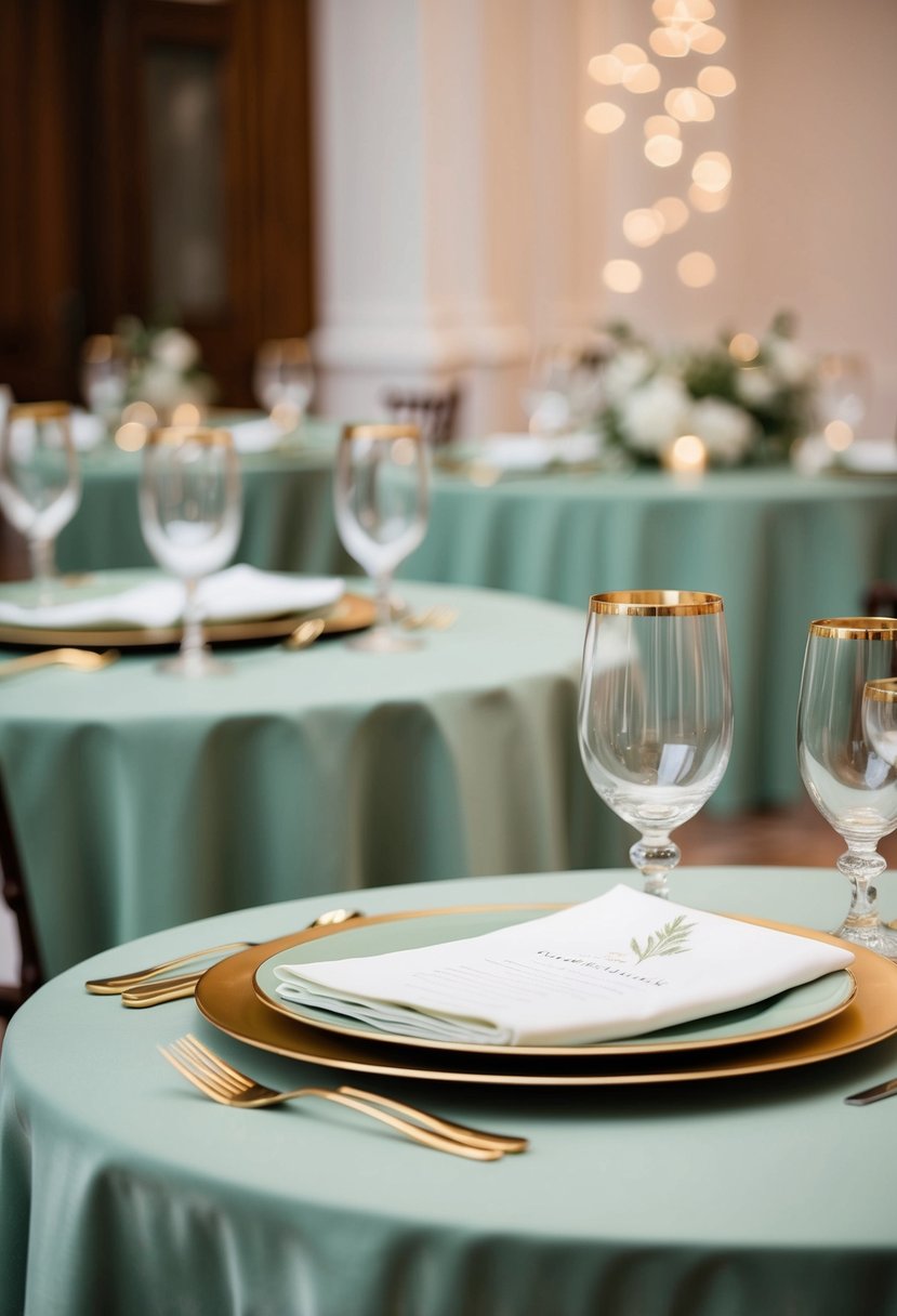 Sage green tablecloths complement gold-rimmed glassware in an elegant wedding setting