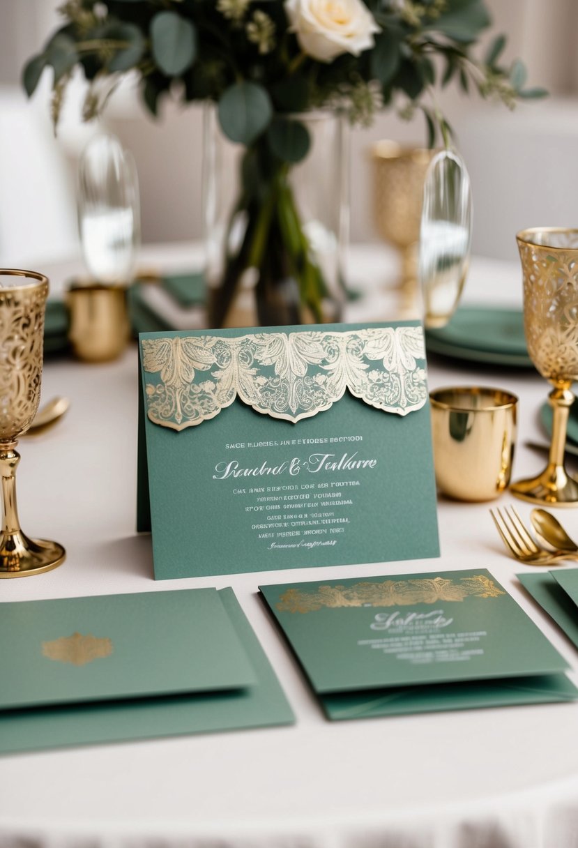 Sage green and gold wedding invitations with embossed detailing arranged on a table with matching decor