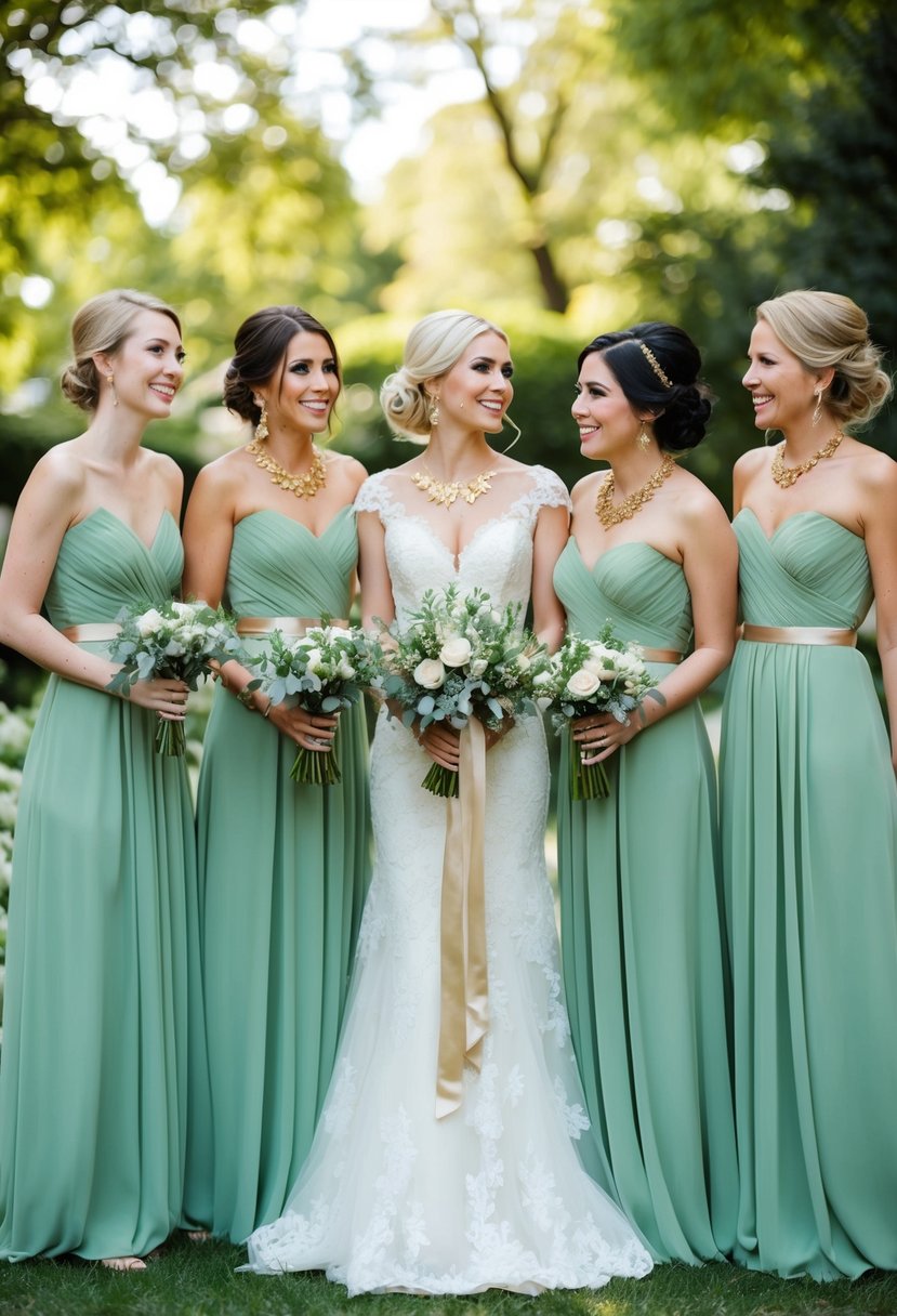 Sage green bridesmaid dresses with gold accessories in a garden setting