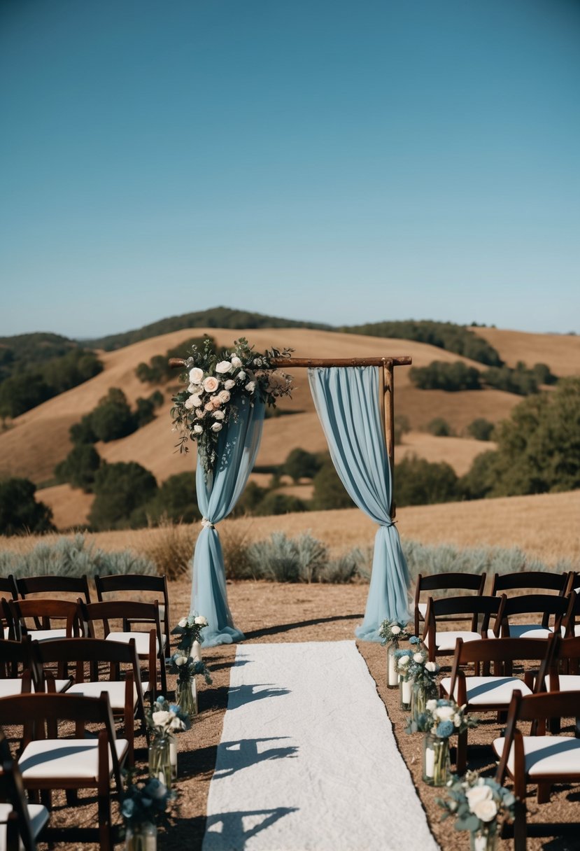 A rustic outdoor wedding with burnt sienna and dusty blue decor, set against a backdrop of rolling hills and a clear blue sky