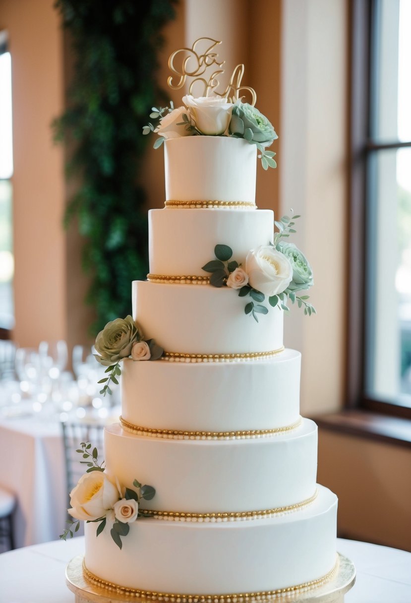 A three-tiered white wedding cake adorned with sage green flowers and gold accents