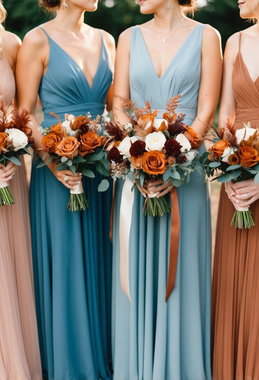 Dusty blue dresses with burnt sienna bouquets