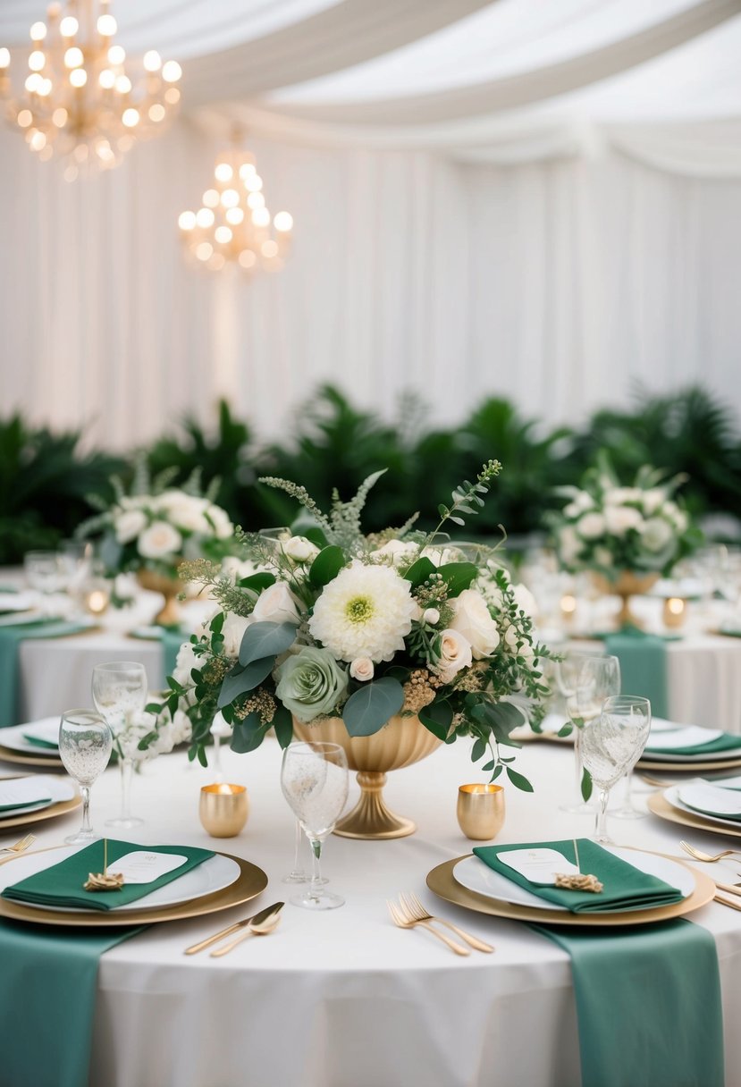 A table adorned with sage green and gold floral centerpieces, creating an elegant and romantic atmosphere for a wedding celebration