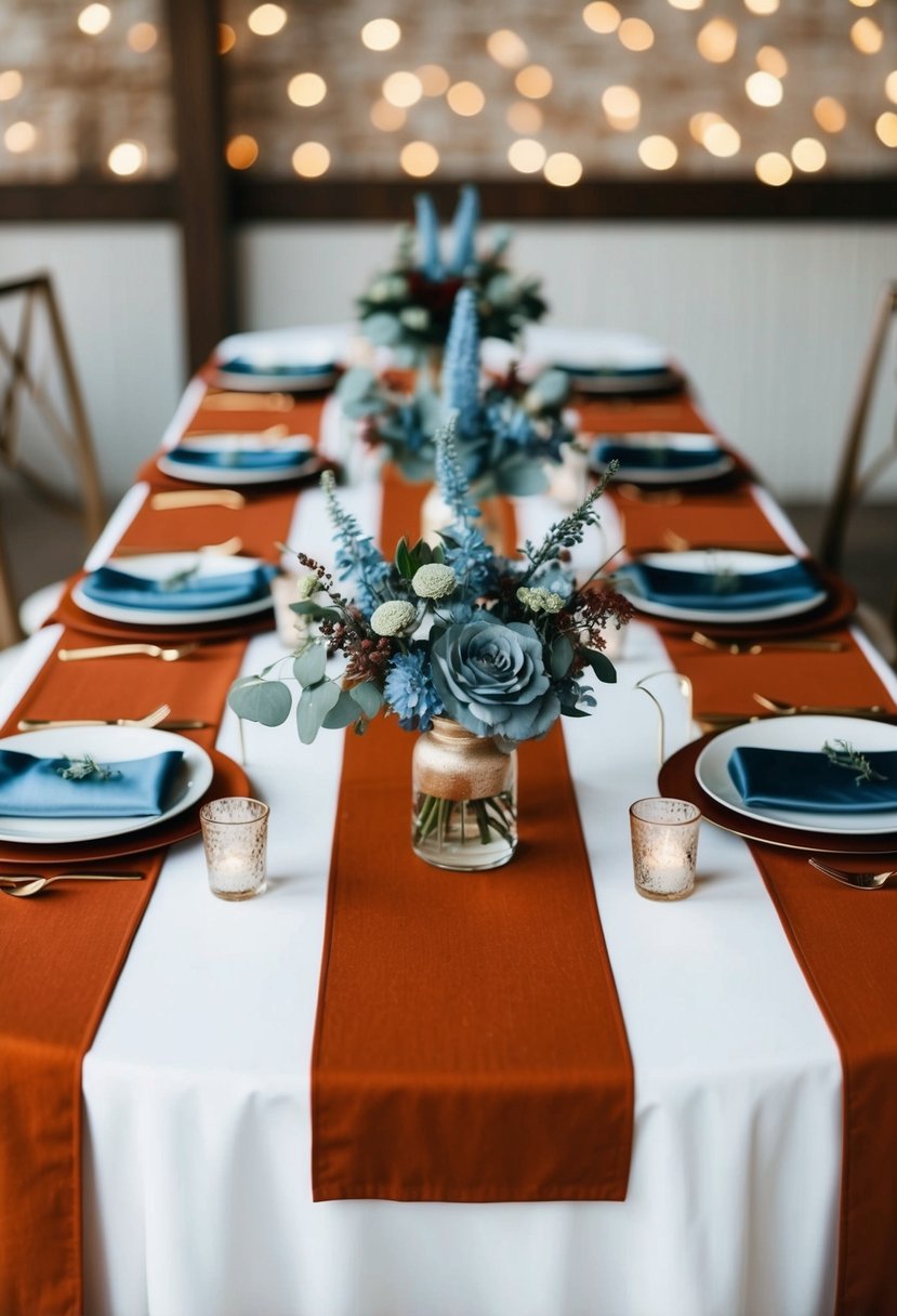 Burnt sienna table runners adorned with dusty blue floral arrangements