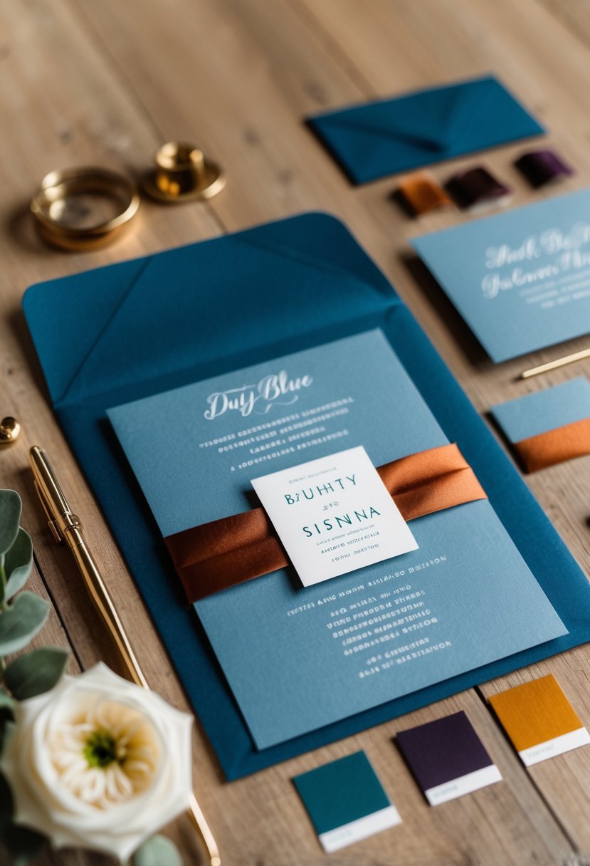 Dusty blue wedding invitations with burnt sienna accents and color swatches