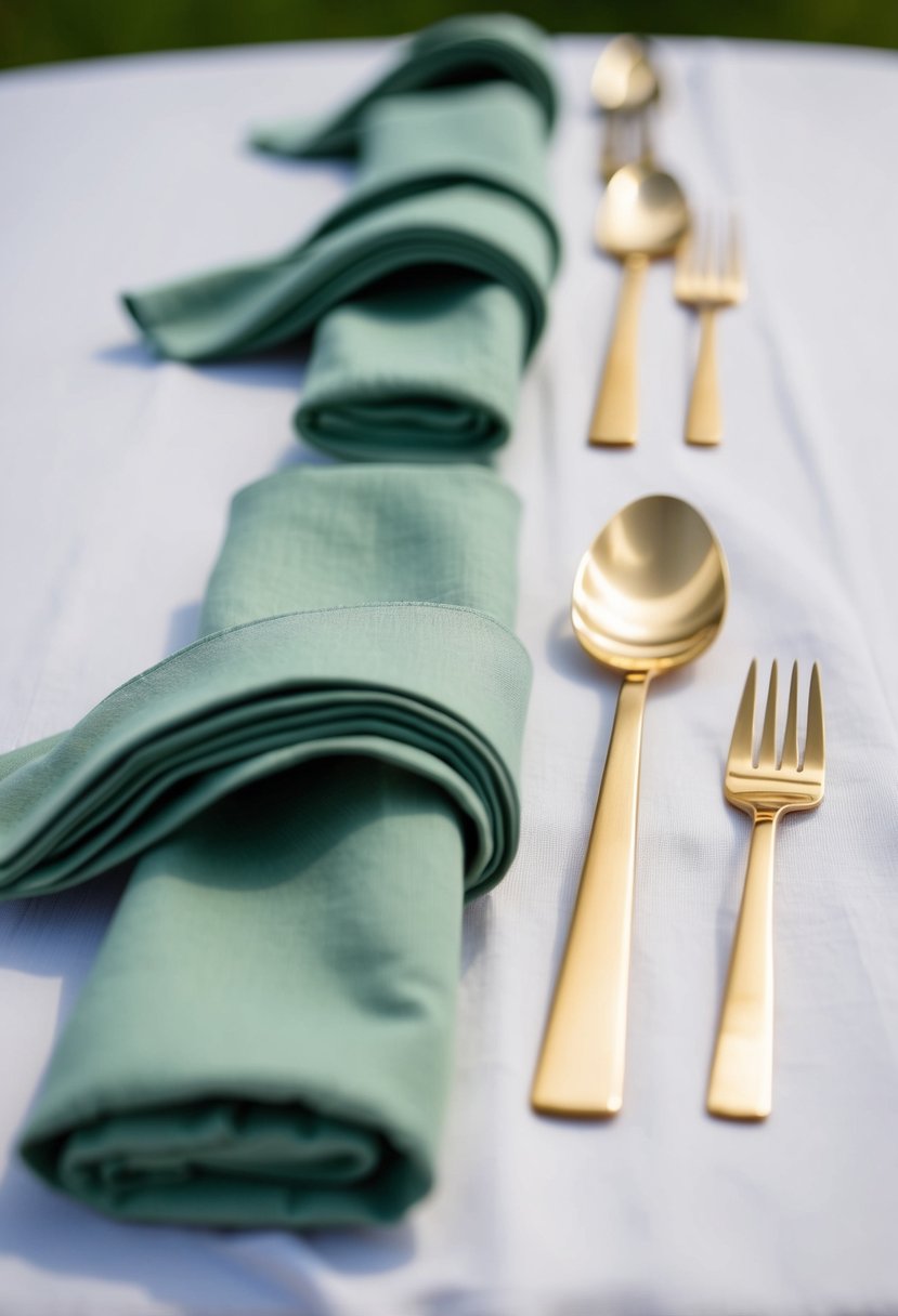 Sage green napkins arranged with gold cutlery on a white tablecloth