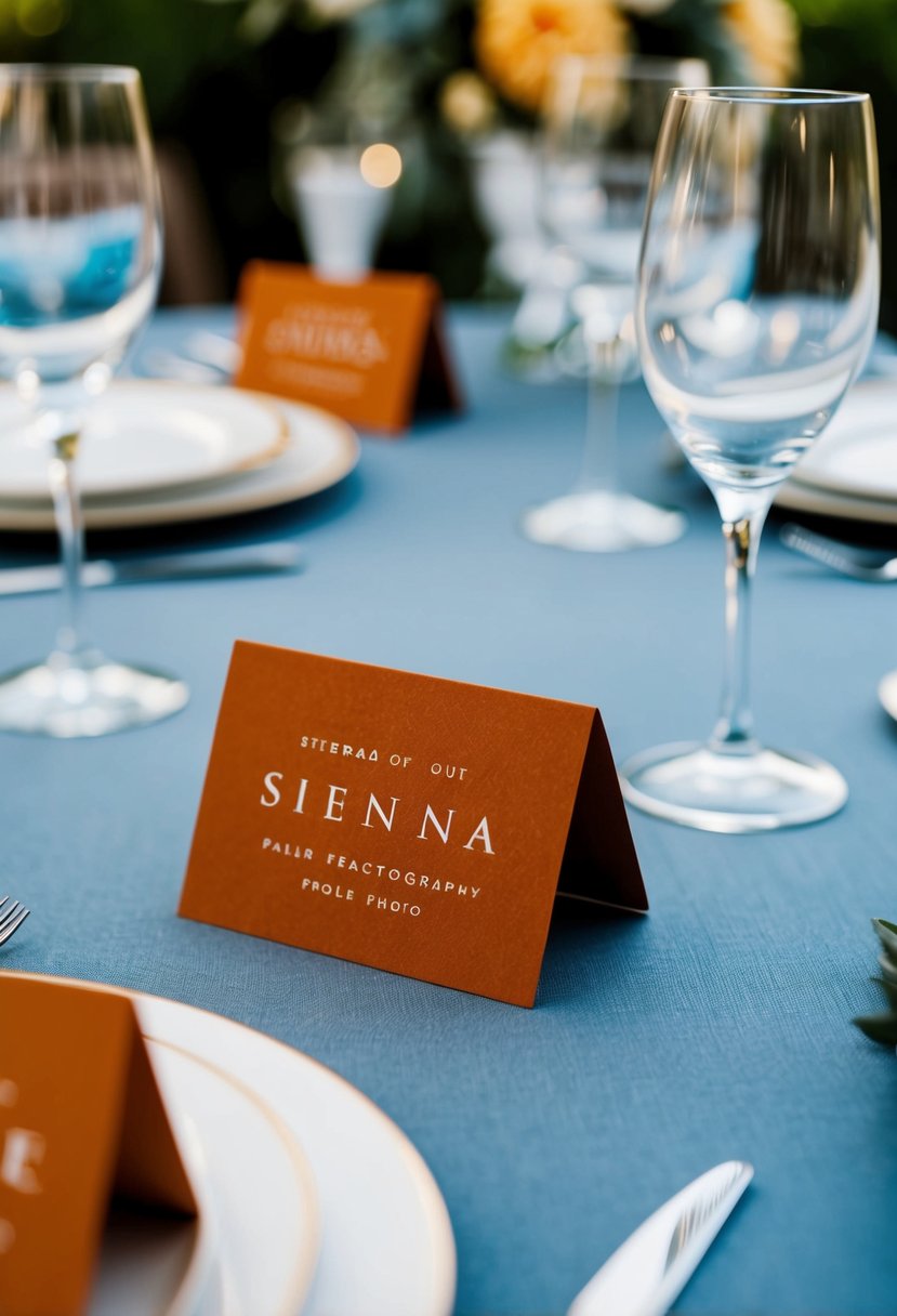 Burnt sienna place cards stand out against dusty blue table settings at a wedding reception