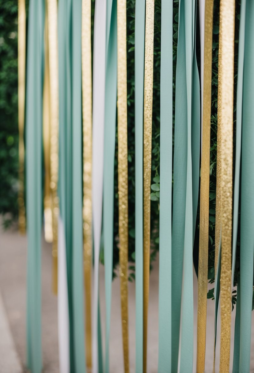 Sage and gold streamers cascade down, creating a lush backdrop for a wedding photo booth