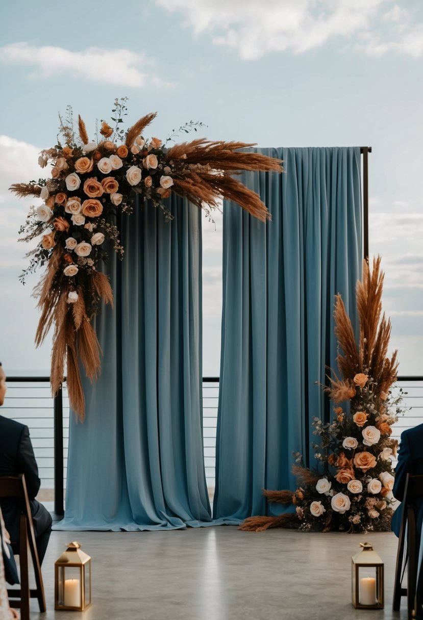 A dusty blue backdrop adorned with a burnt sienna floral arch, creating a romantic and elegant wedding ceremony setting