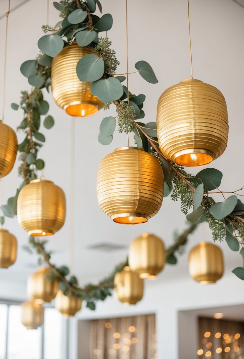 Golden lanterns hang from the ceiling, intertwined with eucalyptus leaves. Sage green and gold accents create a romantic wedding ambiance