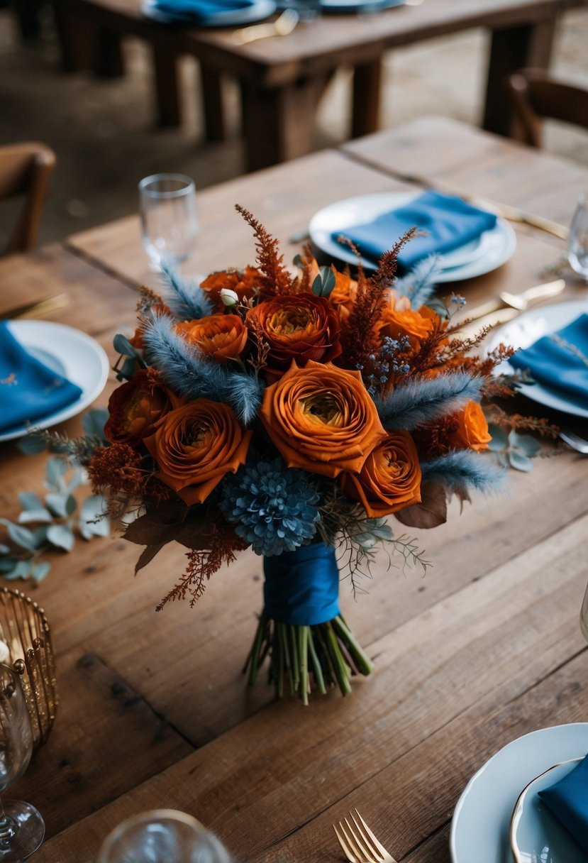 A burnt sienna bouquet with dusty blue accents sits on a rustic wooden table, surrounded by matching wedding decor