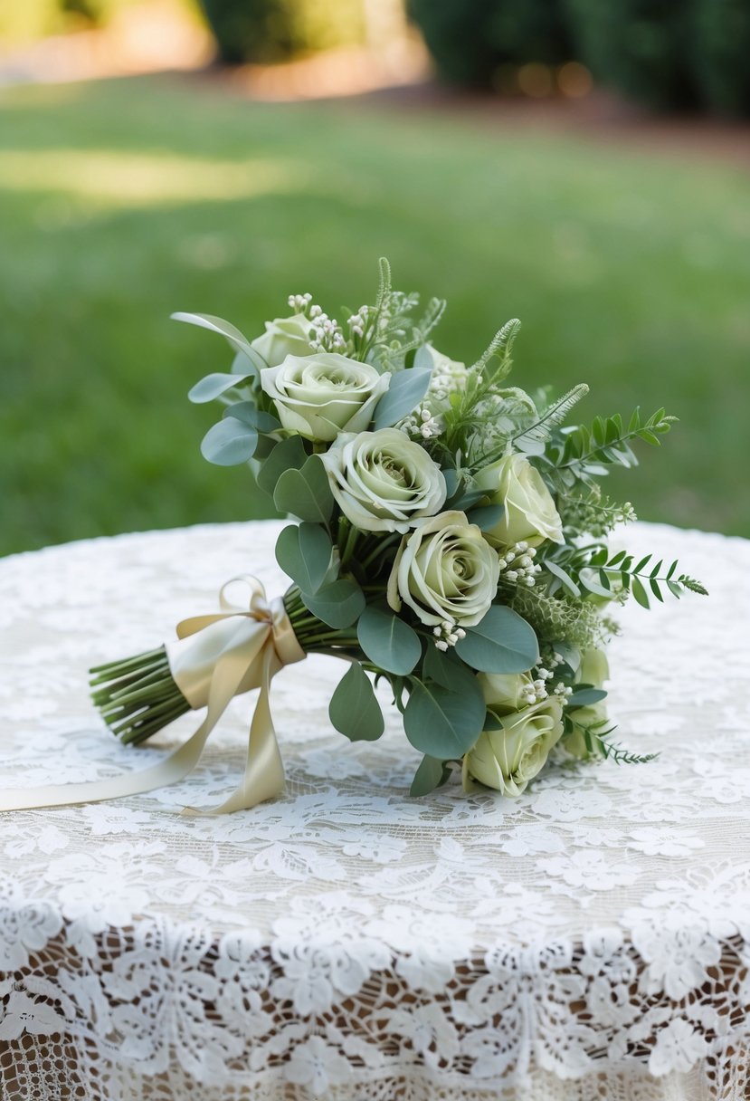 A sage green bridal bouquet, tied with gold ribbon, rests on a white lace tablecloth