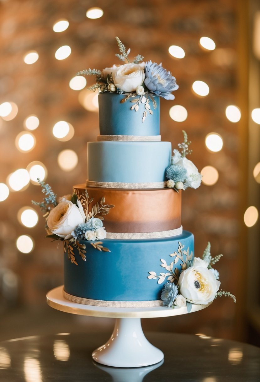 A dusty blue and burnt sienna wedding cake adorned with intricate floral designs