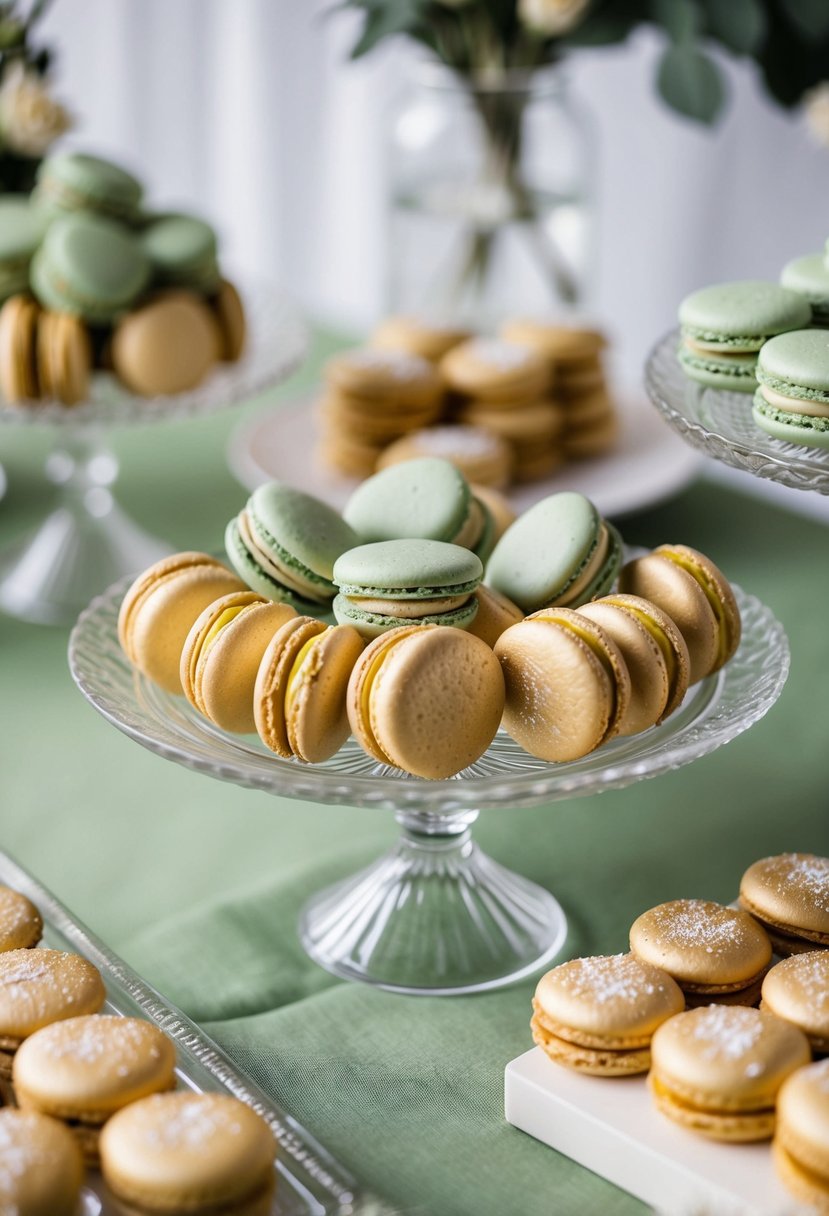 A dessert table adorned with sage macarons and gold-dusted cookies, reflecting a sage green and gold wedding color scheme