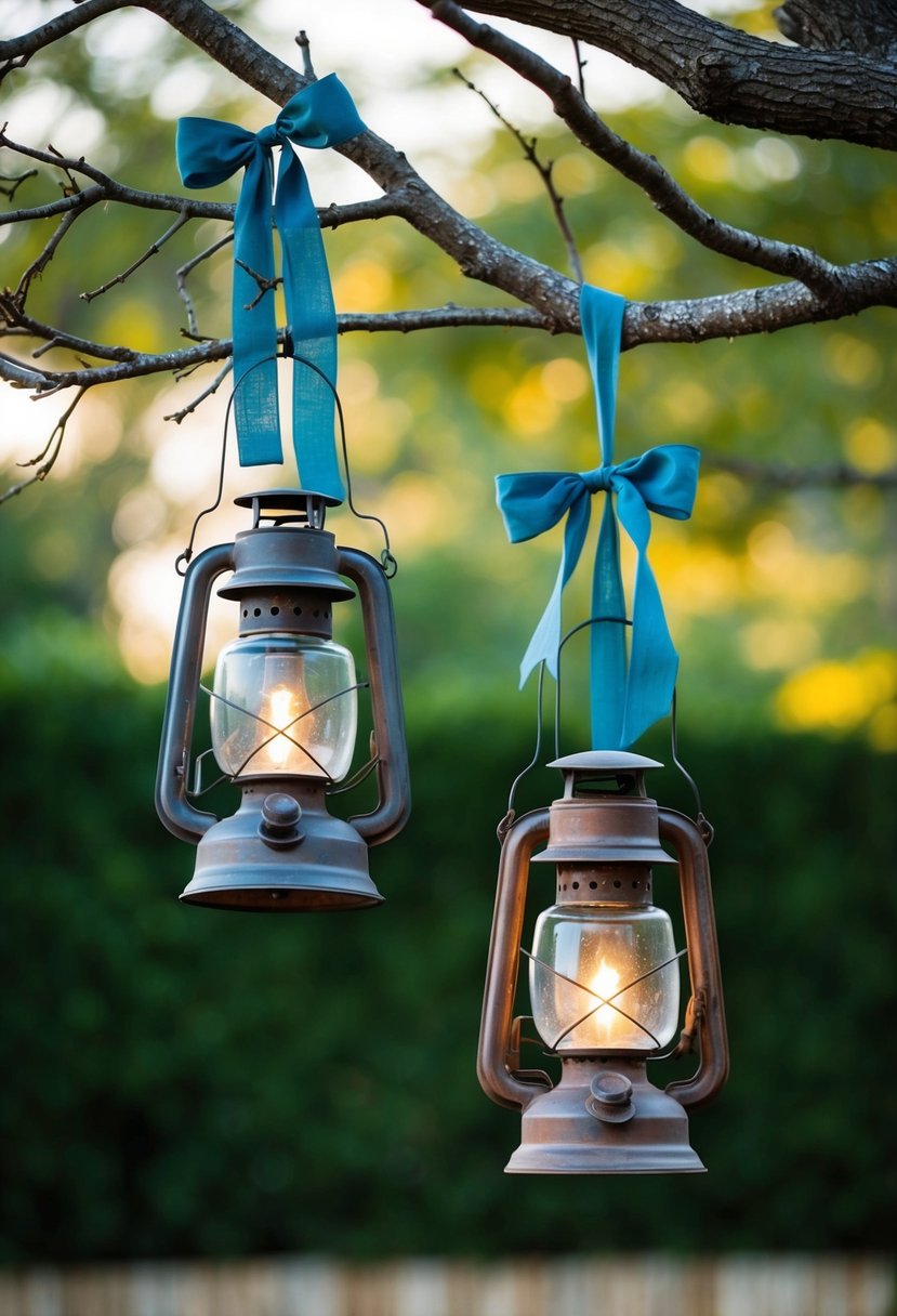 Rustic lanterns with dusty blue ribbons hang from tree branches