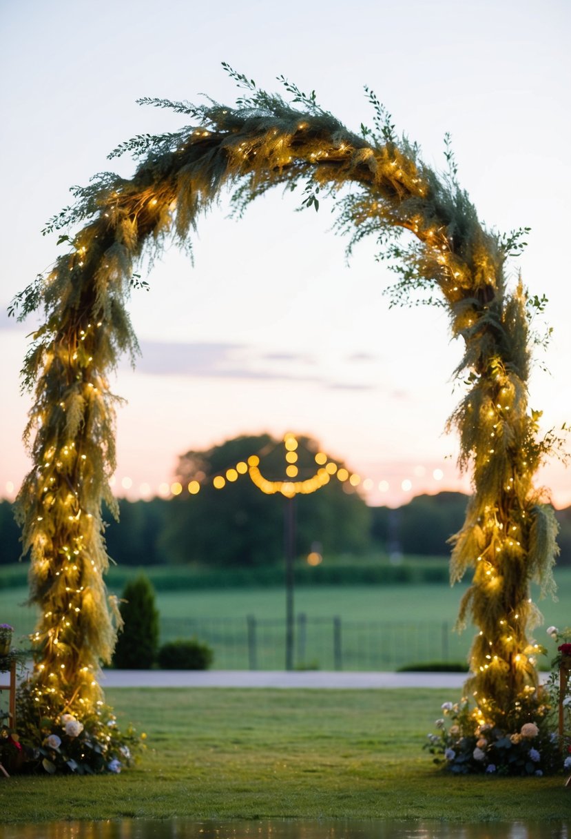 A sage green wedding arch adorned with golden fairy lights glows in the evening